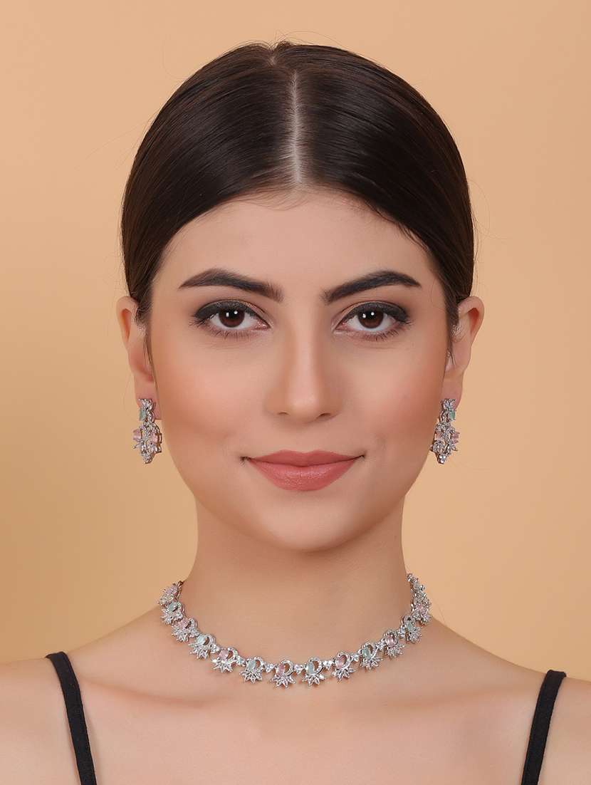 brass multi-colored party wear necklace set - 22157501 -  Standard Image - 1