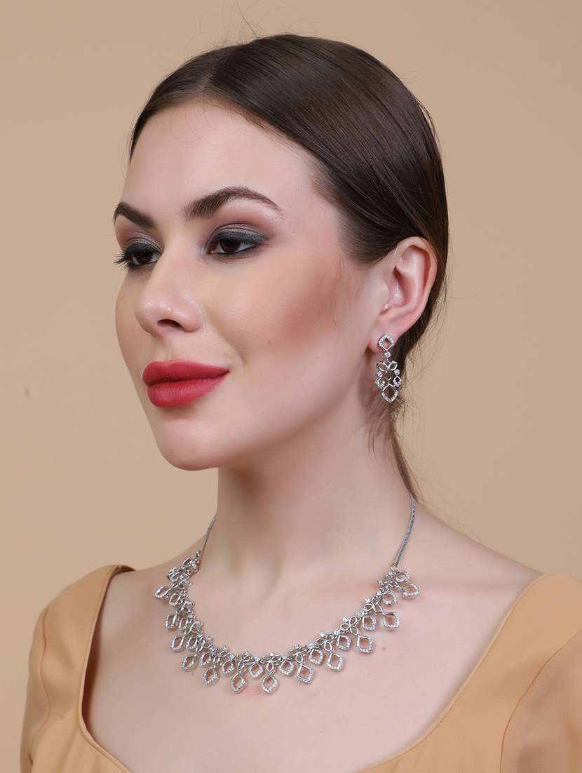 glamourous silver plated diamond necklace set - 22157508 -  Standard Image - 1