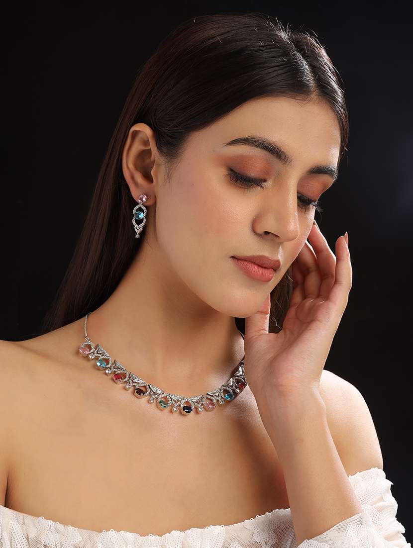 sleek cut work multicolor cz ad necklace - 22157521 -  Standard Image - 1