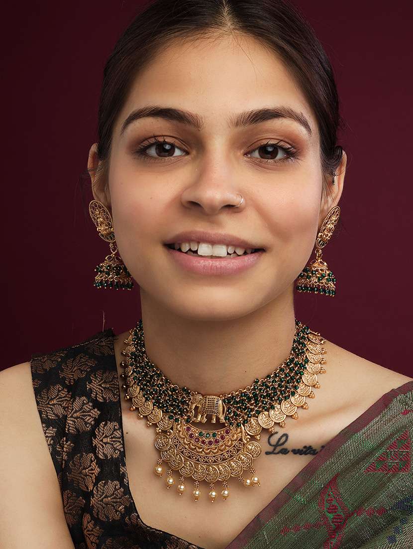 unique gold plated gajanan green hydra beads necklace set - 22157532 -  Standard Image - 1