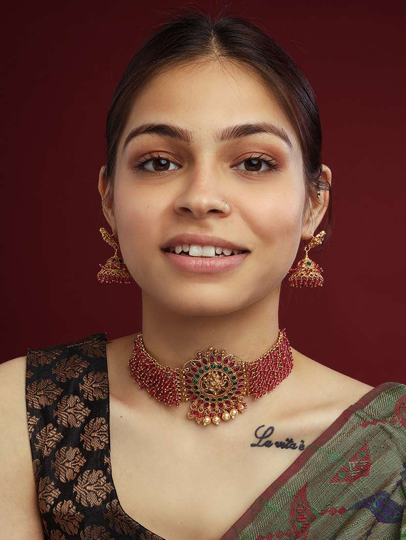 precious gold plated ganapati red hydra beads necklace set - 22157534 -  Standard Image - 1