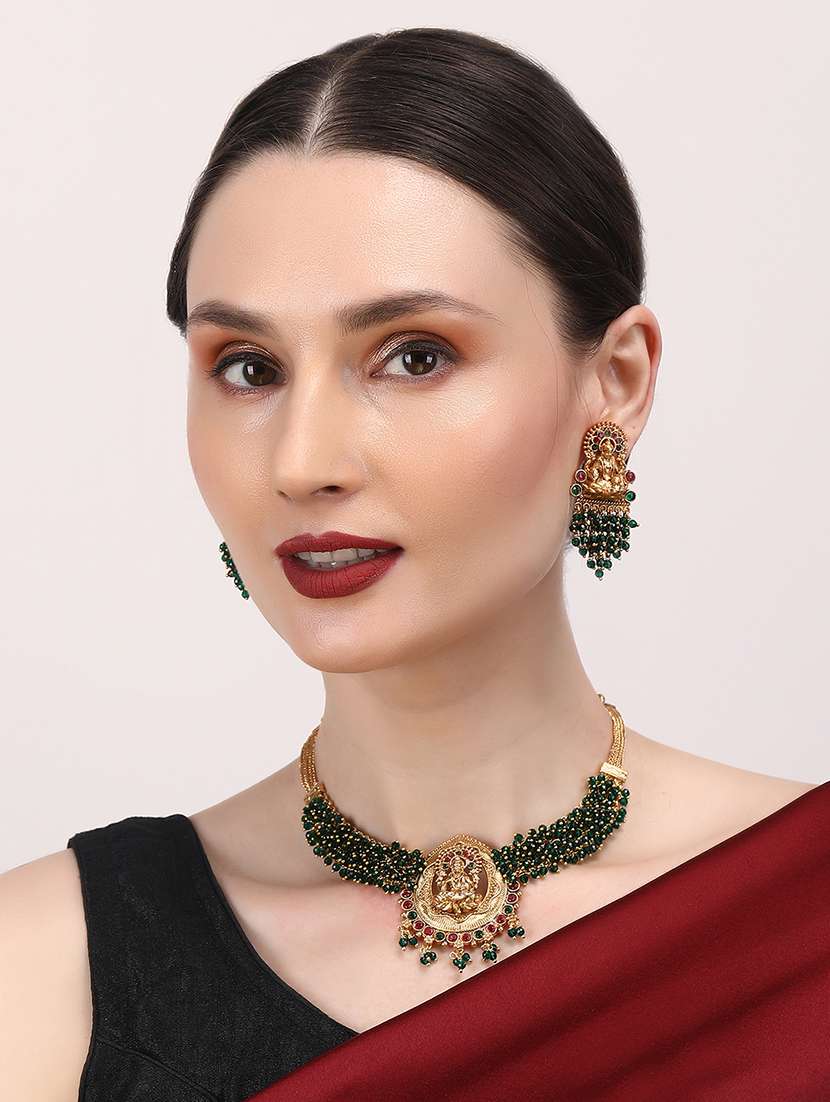 exquisite green hydra beads laxmi temple necklace set - 22157535 -  Standard Image - 1