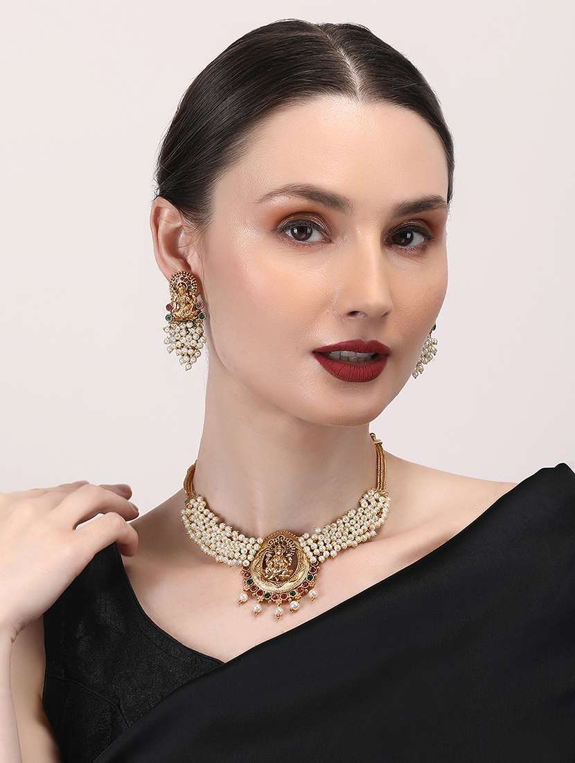 exquisite white hydra beads laxmi temple necklace set - 22157536 -  Standard Image - 1