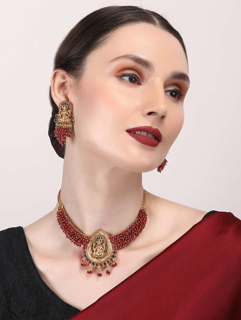 exquisite red hydra beads laxmi temple necklace set - 22157538 -  Standard Image - 1