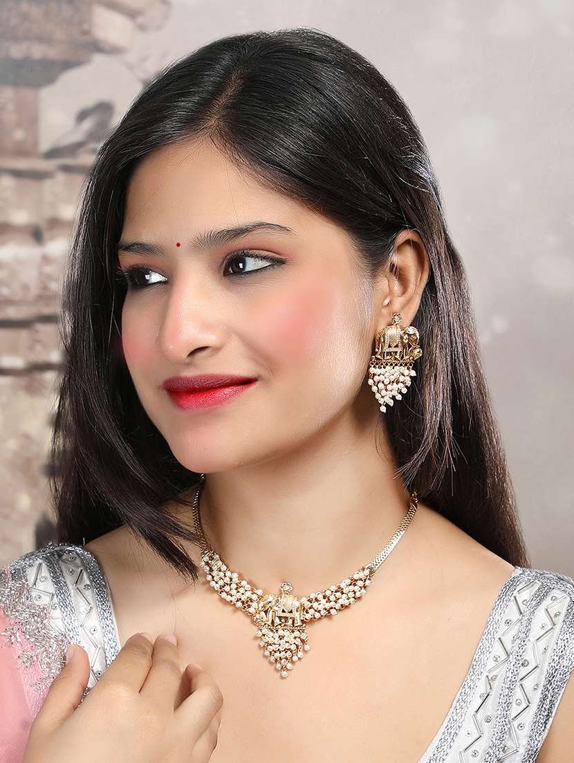 gold plated gaj necklace set with white hydra beads - 22157562 -  Standard Image - 1