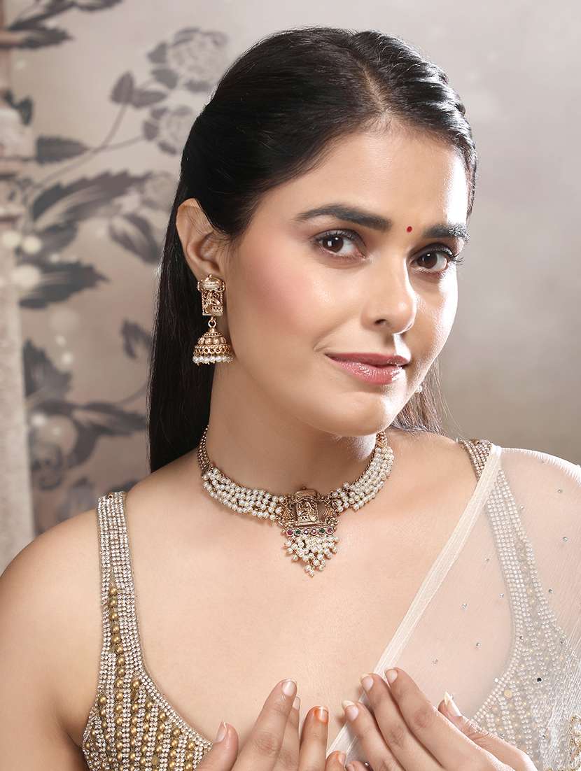 gold plated white hydra beads barati necklace set - 22157563 -  Standard Image - 1