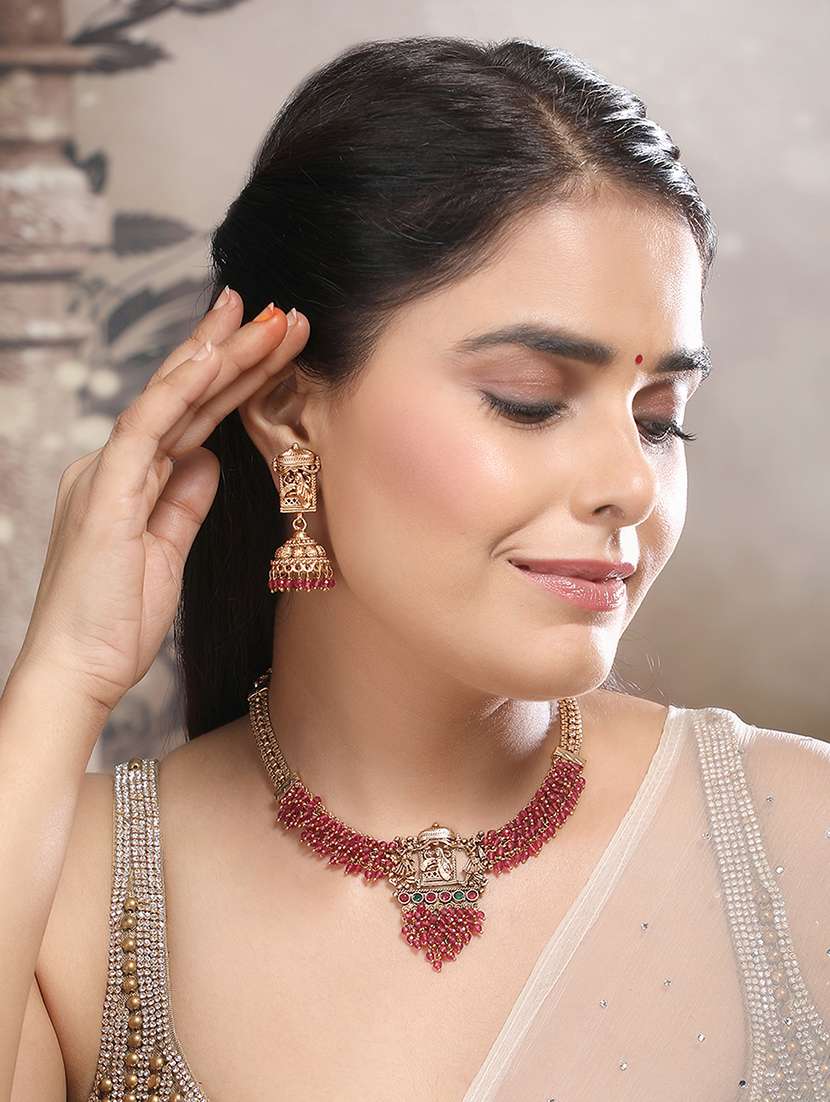 gold plated red hydra beads barati necklace set - 22157564 -  Standard Image - 1