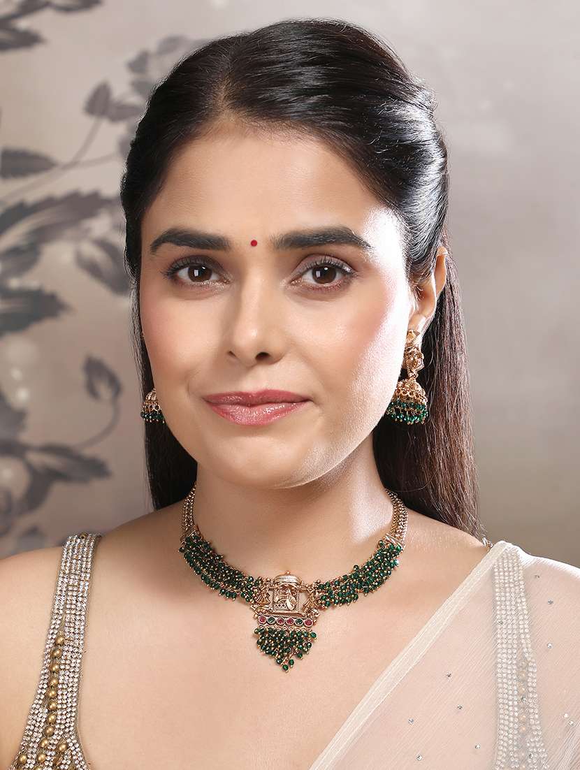 gold plated green hydra beads barati necklace set - 22157565 -  Standard Image - 1