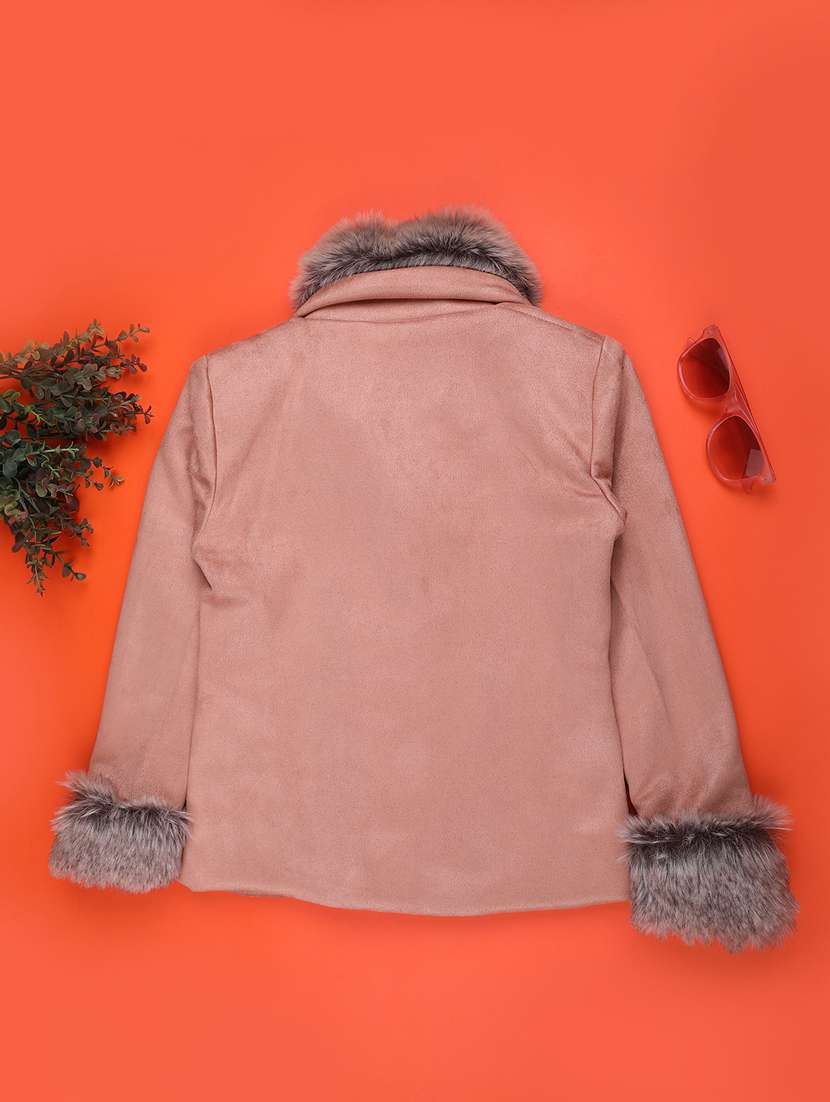 girls solid long sleeve regular fur detailed jacket - 22158446 -  Standard Image - 1