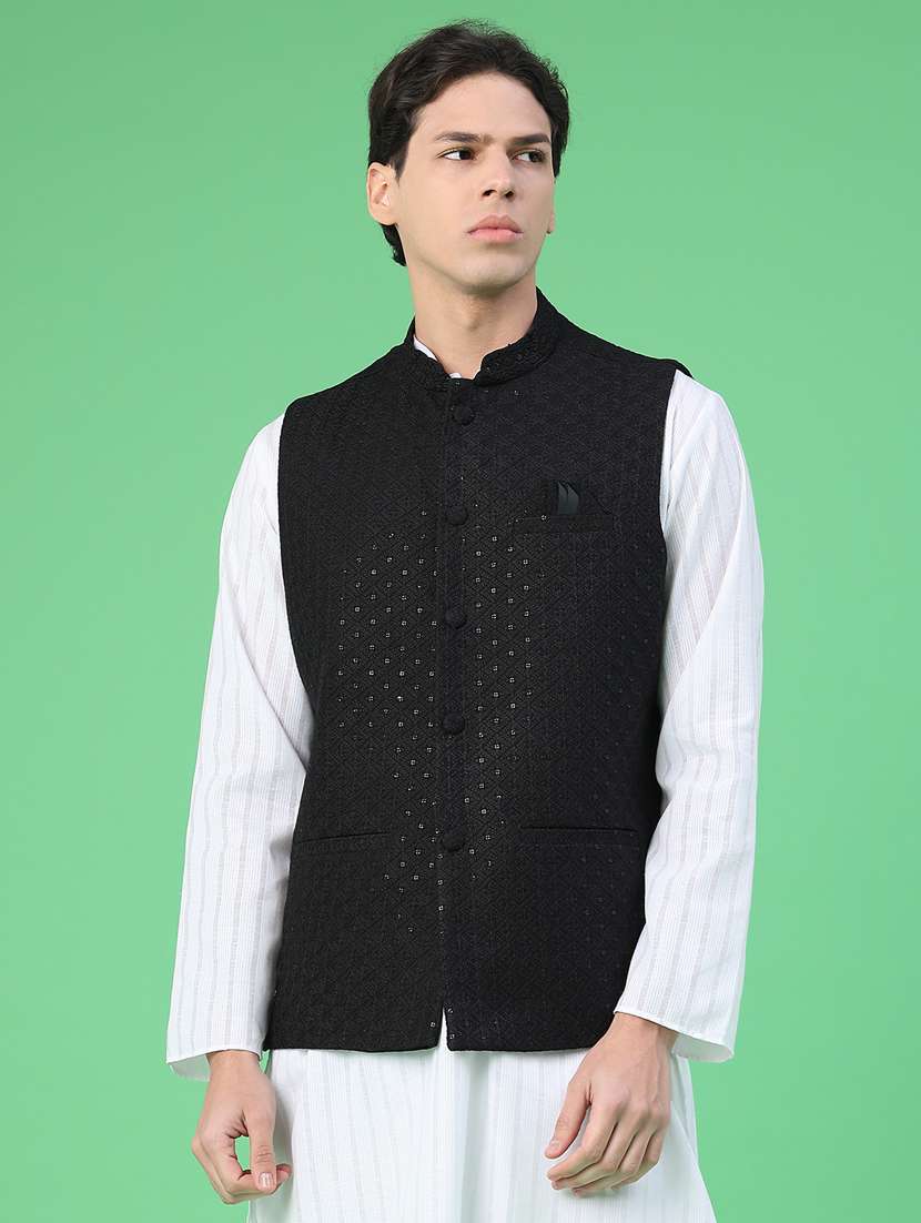 men solid with work mandarin neck regular fit nehru jacket - 22158516 -  Standard Image - 1
