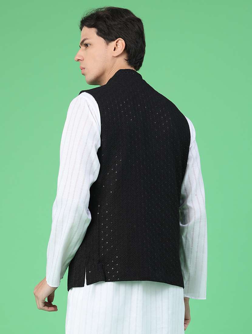 men solid with work mandarin neck regular fit nehru jacket - 22158516 -  Standard Image - 4