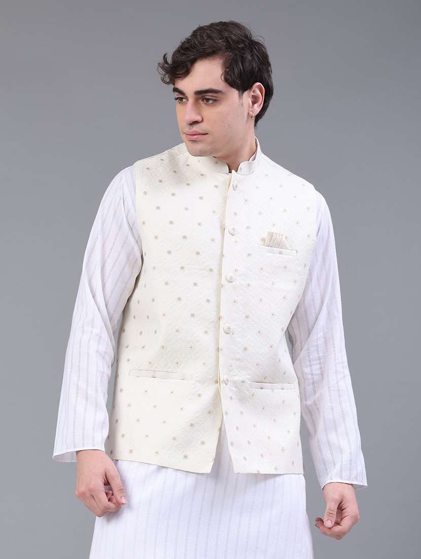 men self design mandarin neck regular fit nehru jacket - 22158517 -  Standard Image - 1