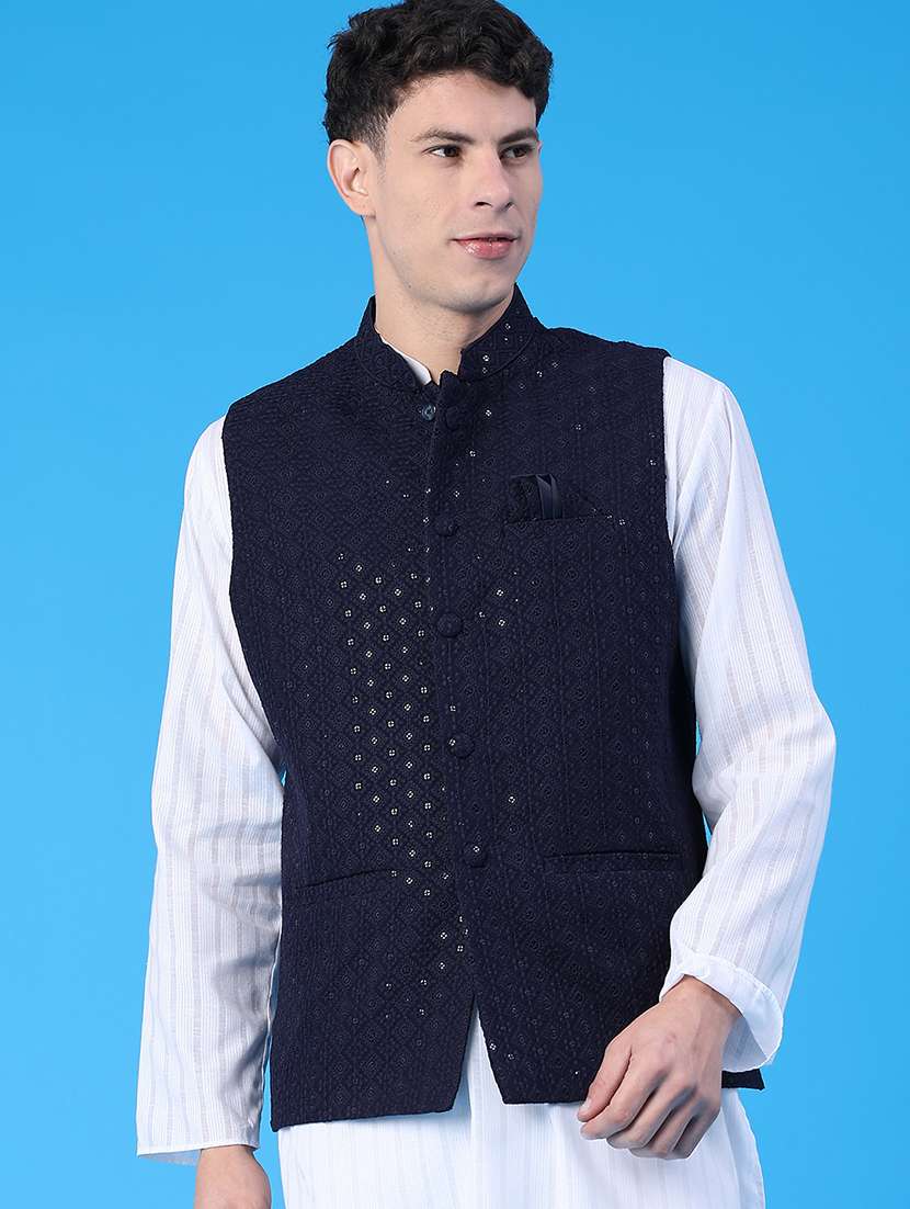 men solid with work mandarin neck regular fit nehru jacket - 22158519 -  Standard Image - 1