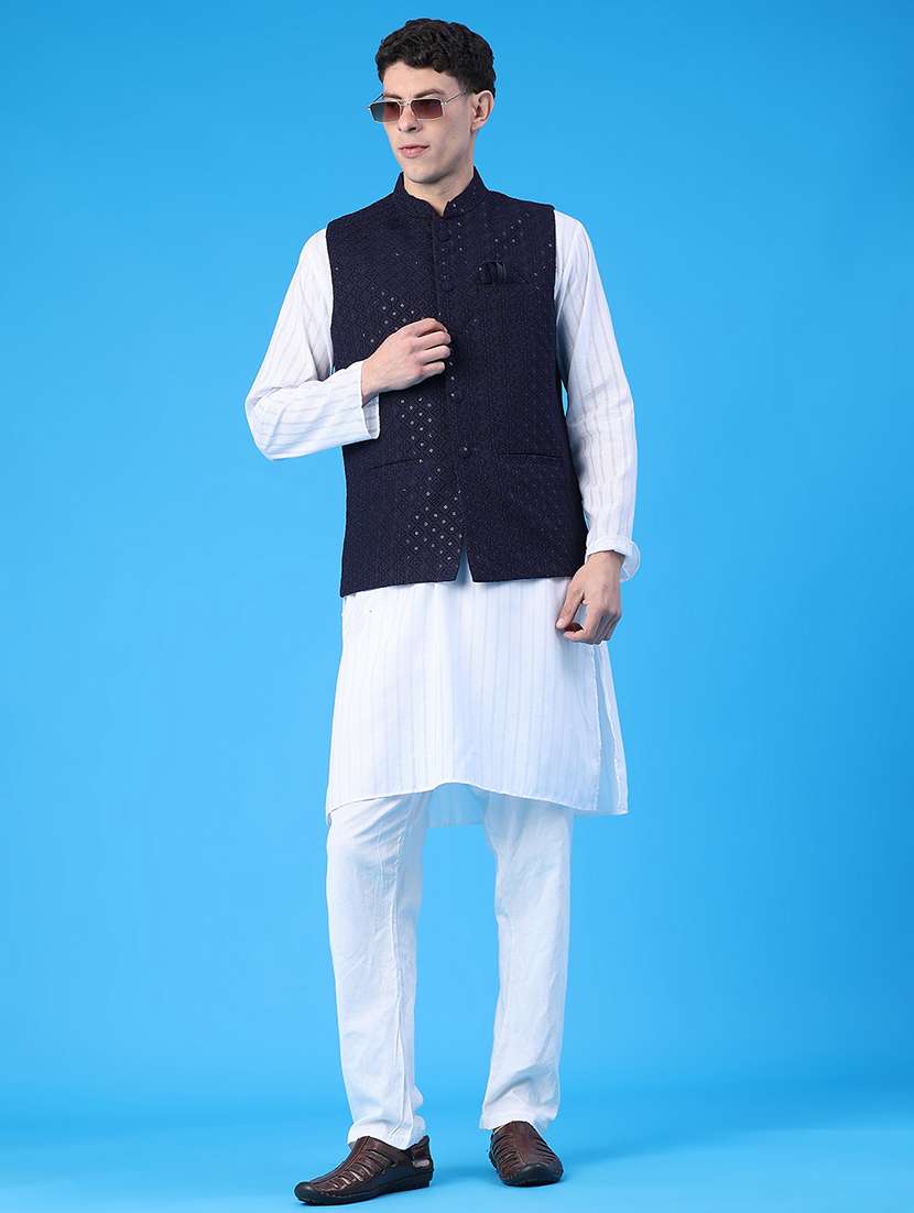men solid with work mandarin neck regular fit nehru jacket - 22158519 -  Standard Image - 4