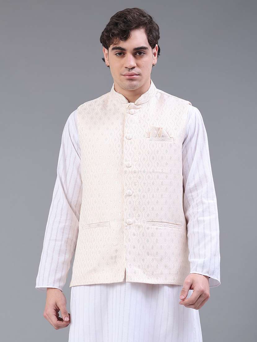 men solid with work mandarin neck regular fit nehru jacket - 22158521 -  Standard Image - 1