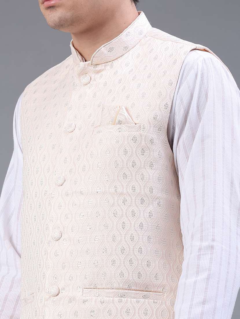 men solid with work mandarin neck regular fit nehru jacket - 22158521 -  Standard Image - 4
