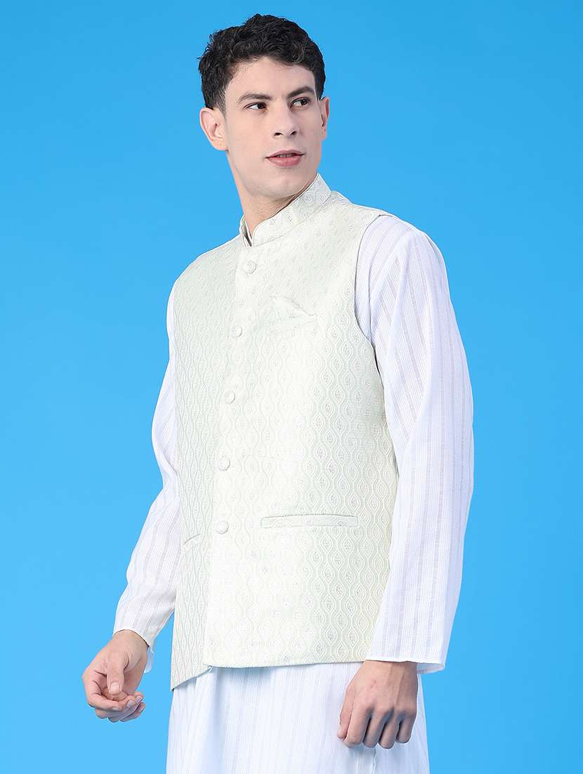 men solid with work mandarin neck regular fit nehru jacket - 22159624 -  Standard Image - 1