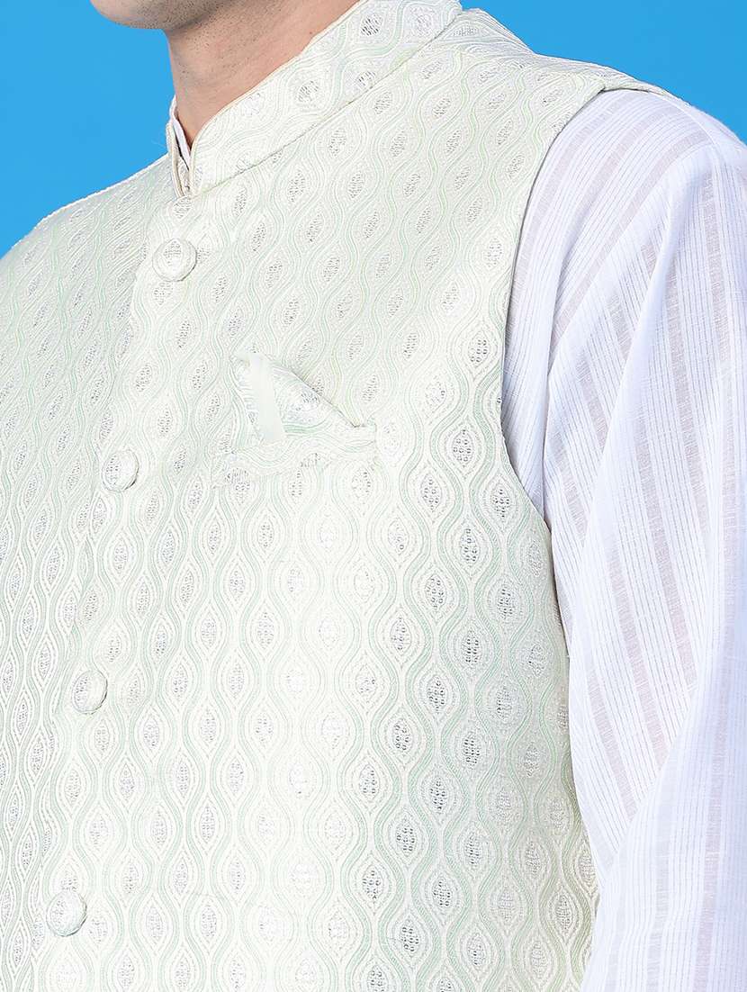 men solid with work mandarin neck regular fit nehru jacket - 22159624 -  Standard Image - 4