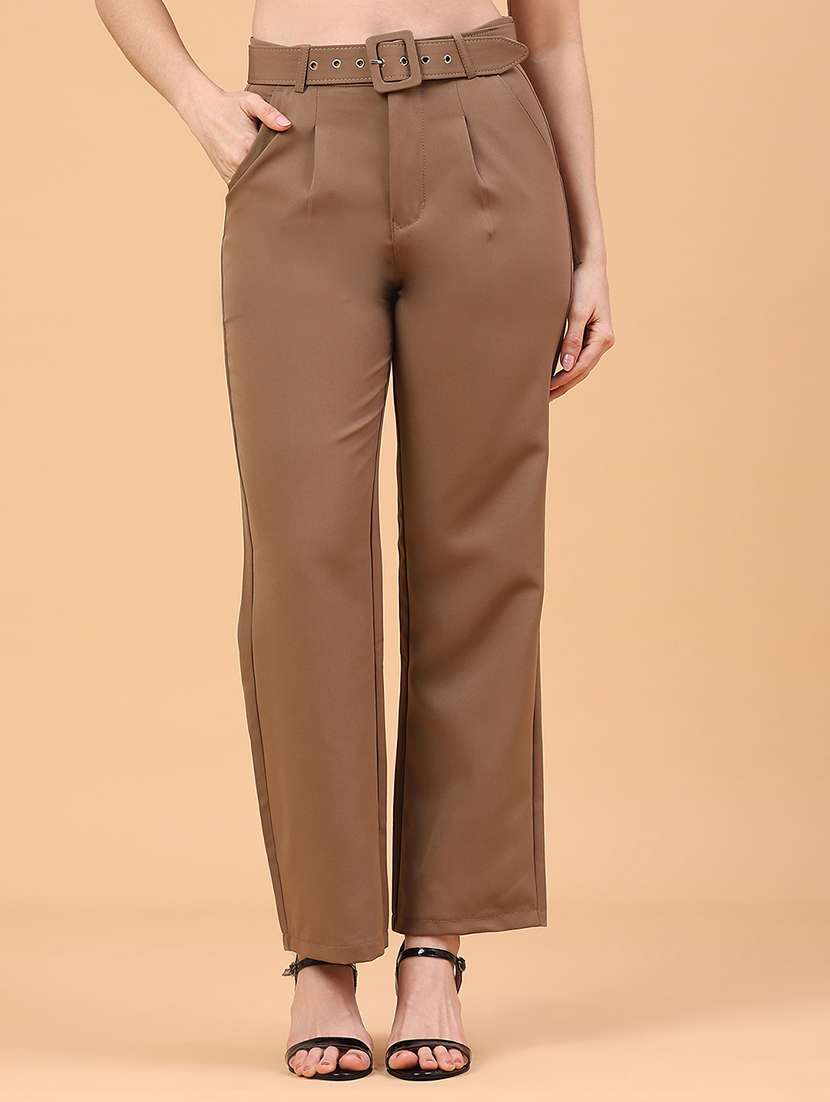 women solid high rise straight trouser