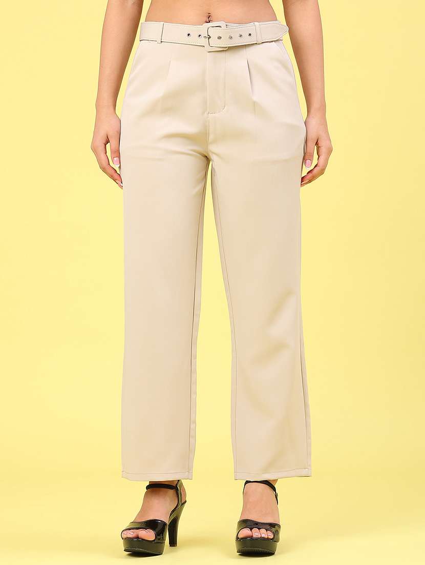 women beige cotton straight trouser