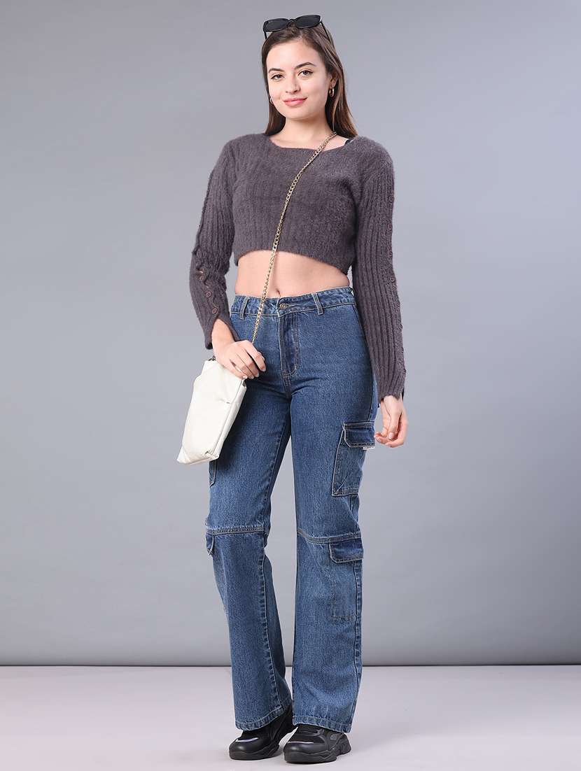 women solid long sleeve cropped pullover - 22160149 -  Standard Image - 4