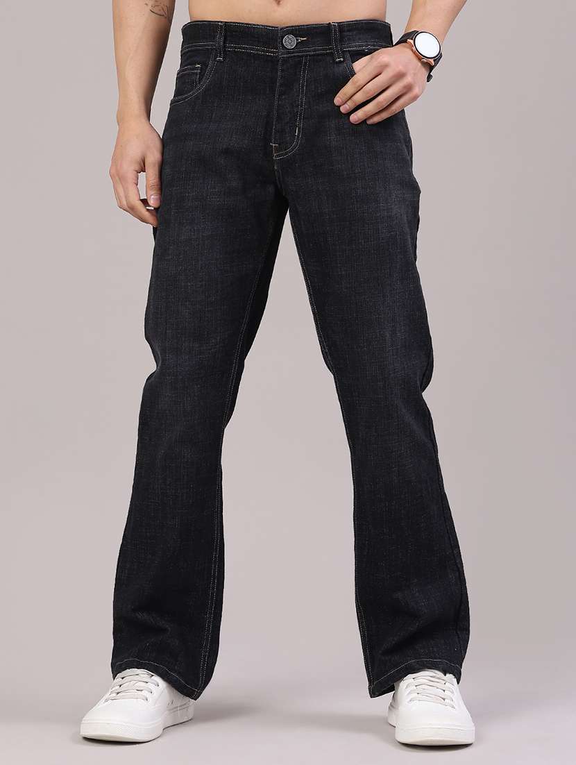 men washed mid rise full length bootcut jeans