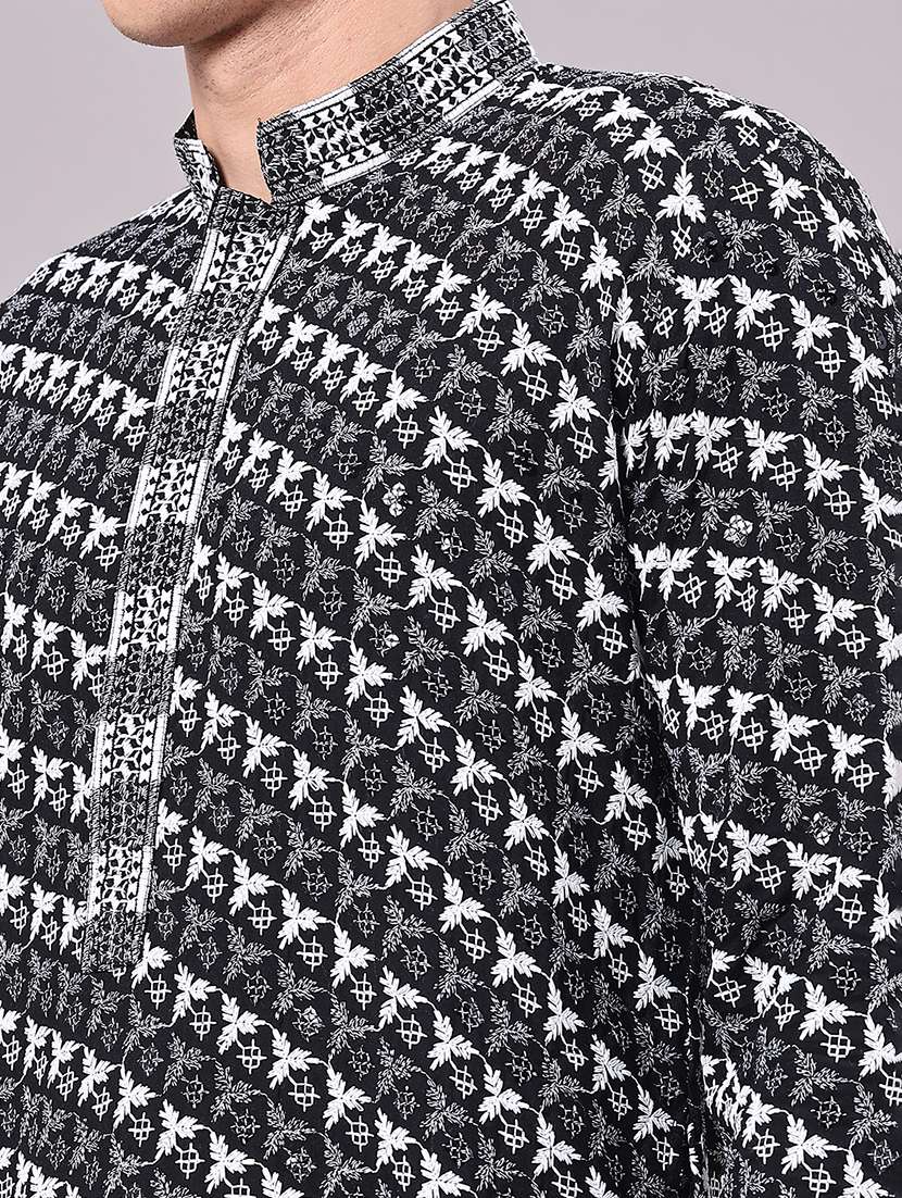 men solid with work mandarin neck kurta churidar ethnic wear set - 22160372 -  Standard Image - 1