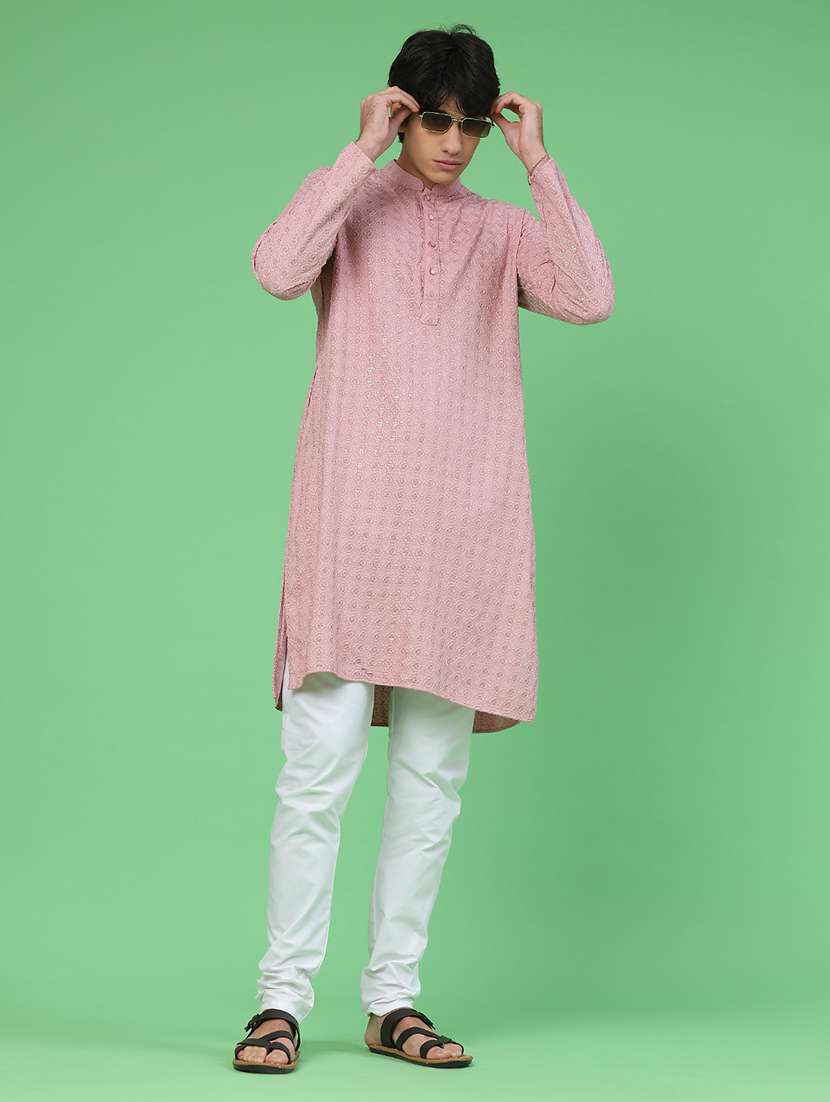 men solid with work mandarin neck kurta churidar ethnic wear set - 22160374 -  Standard Image - 1