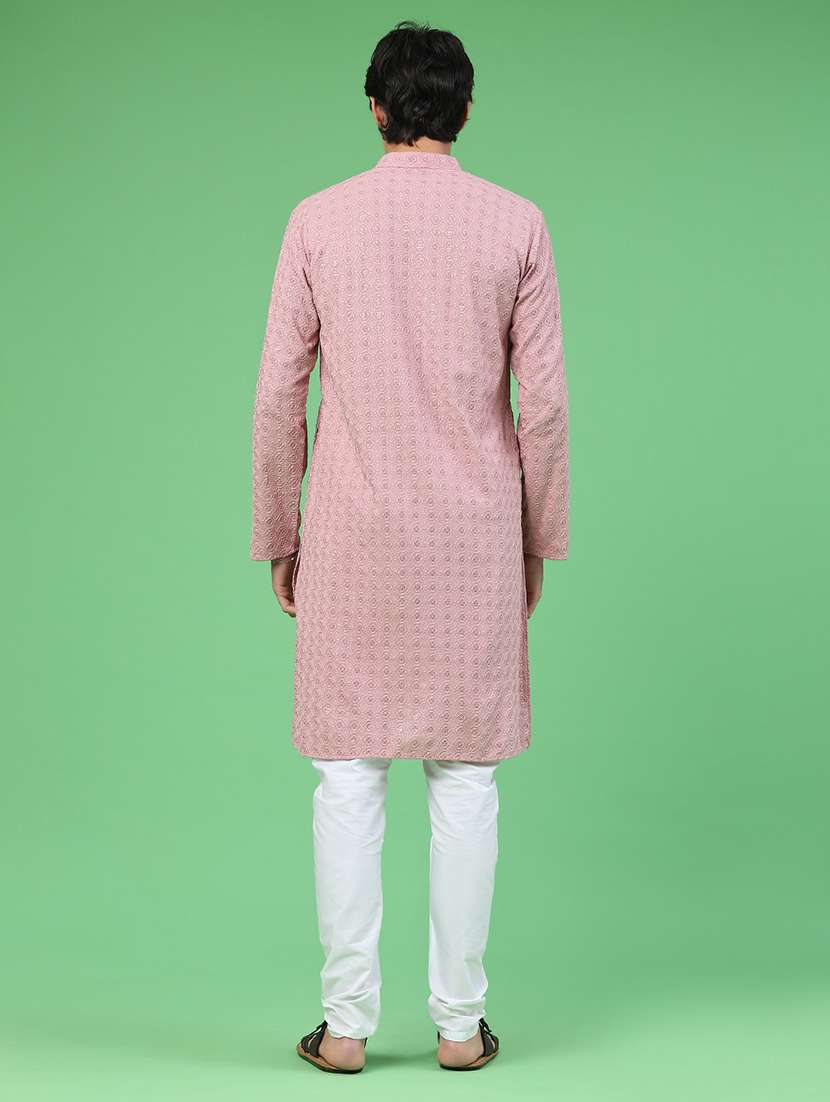 men solid with work mandarin neck kurta churidar ethnic wear set - 22160374 -  Standard Image - 4