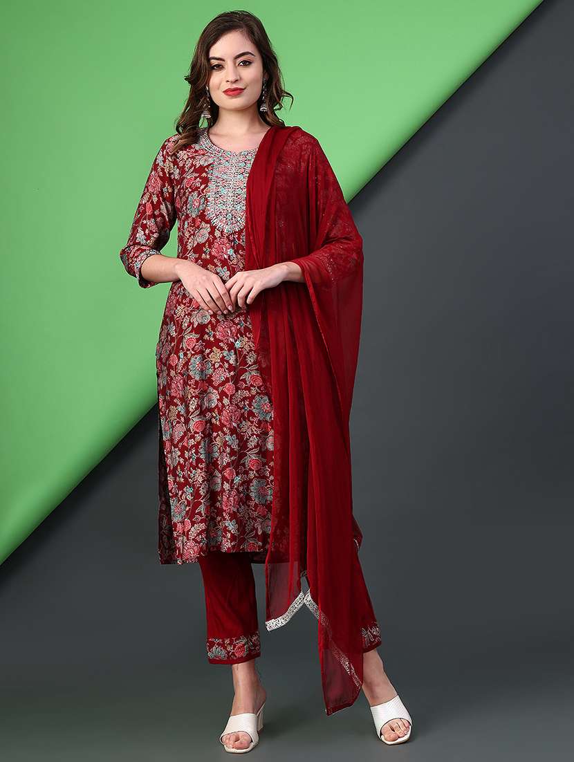 women printed kurta and pant with dupatta set