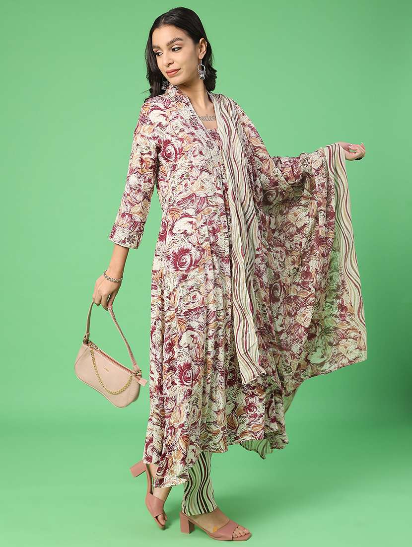 women printed three quarter sleeve kurta pant with dupatta set - 22160398 -  Standard Image - 1