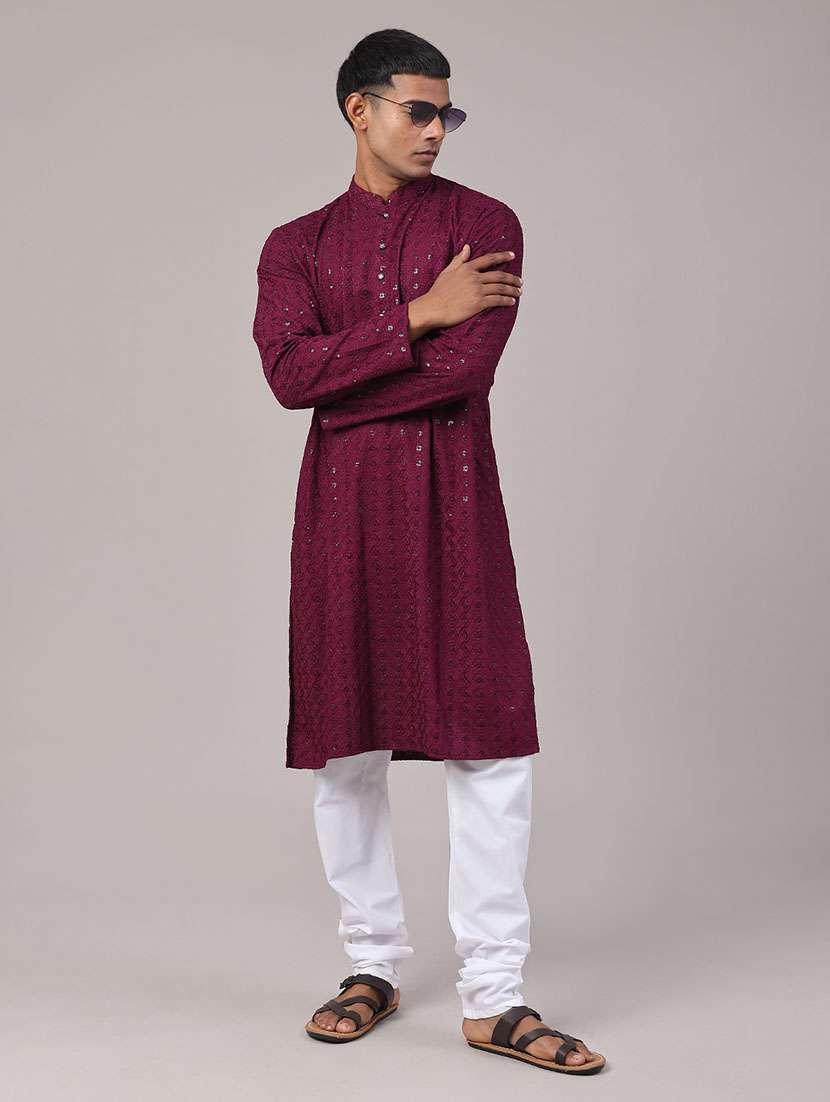 men solid with work mandarin neck kurta churidar ethnic wear set