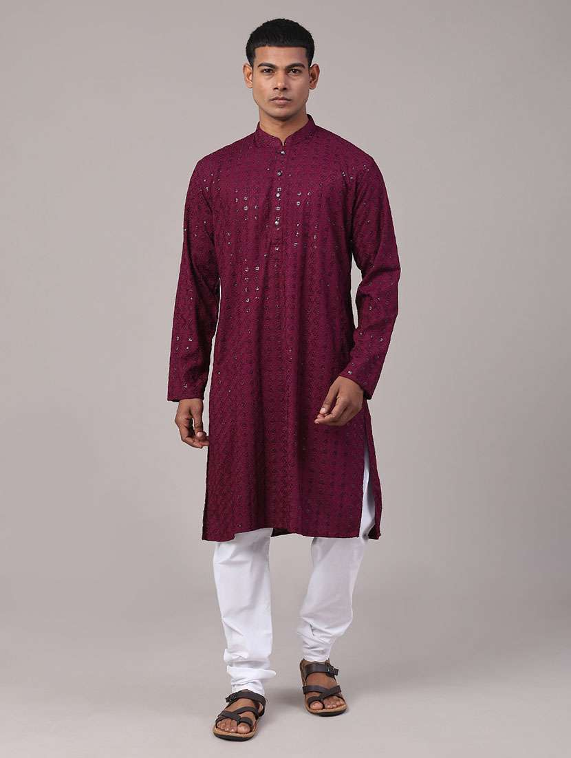 Men Solid With Work Mandarin Neck Kurta Churidar Ethnic Wear Set - 22160410 -  Standard Image - 1