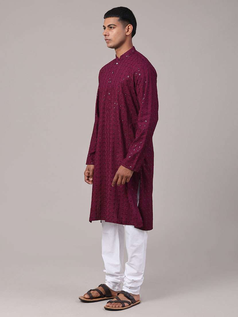 Men Solid With Work Mandarin Neck Kurta Churidar Ethnic Wear Set - 22160410 -  Standard Image - 4