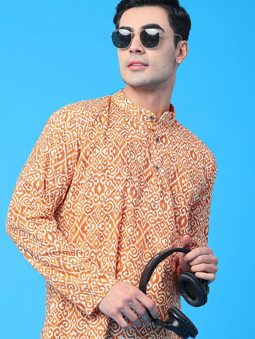 men printed mandarin neck short kurta