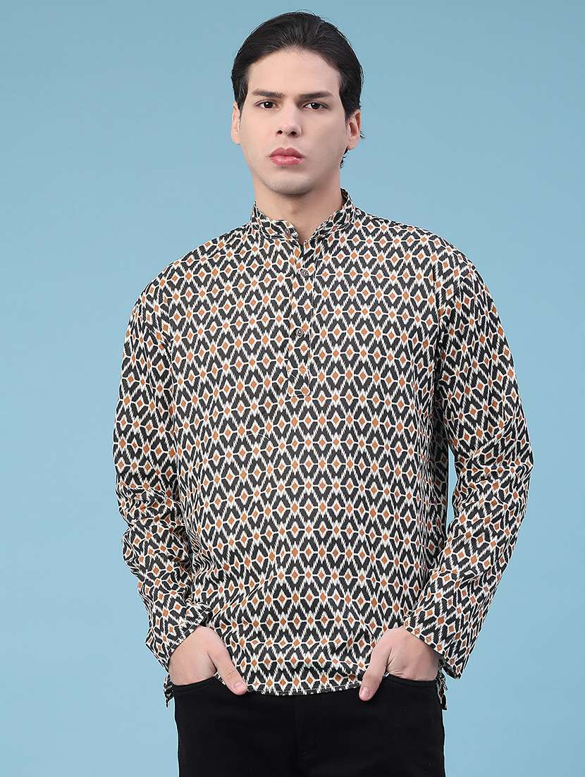 men printed mandarin neck short kurta - 22160583 -  Standard Image - 1