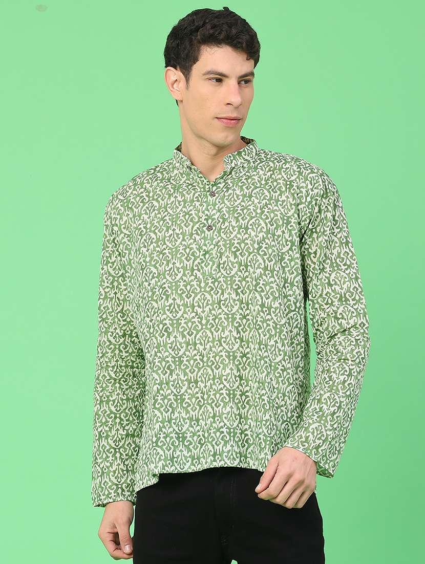 men printed mandarin neck short kurta - 22160584 -  Standard Image - 1