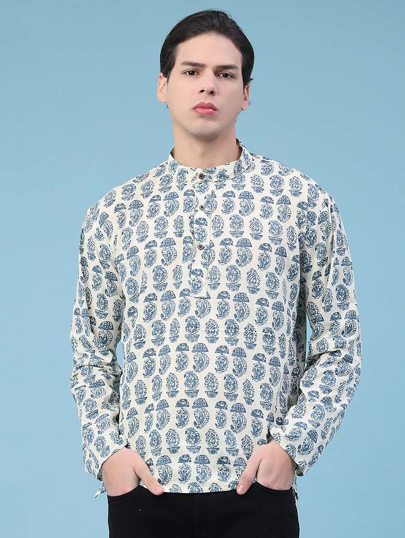 men printed mandarin neck short kurta - 22160585 -  Standard Image - 1