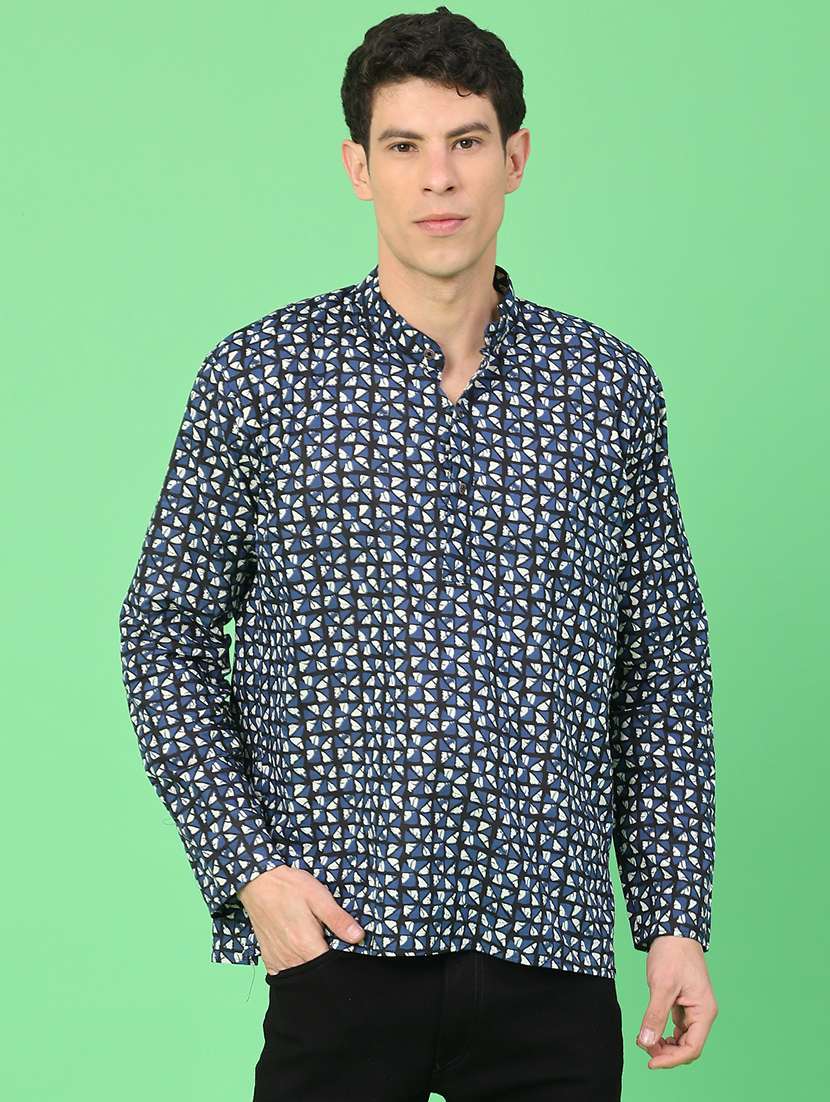 men printed mandarin neck short kurta - 22160586 -  Standard Image - 1