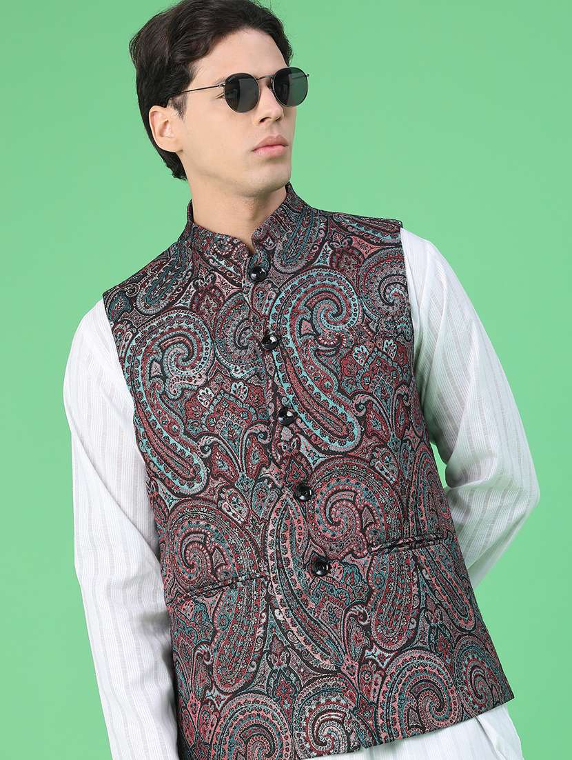 men paisley mandarin neck regular fit nehru jacket - 22160642 -  Standard Image - 1