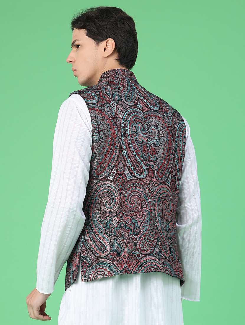 men paisley mandarin neck regular fit nehru jacket - 22160642 -  Standard Image - 4