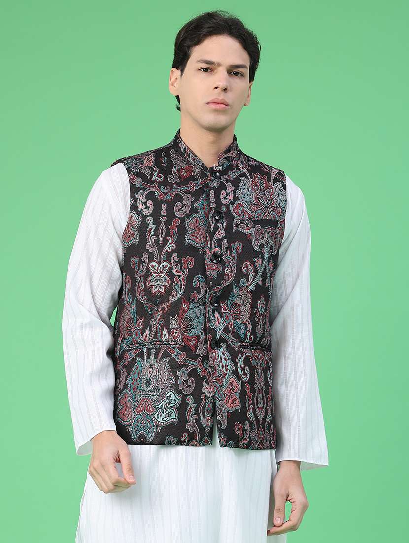 men self design mandarin neck regular fit nehru jacket - 22160771 -  Standard Image - 1