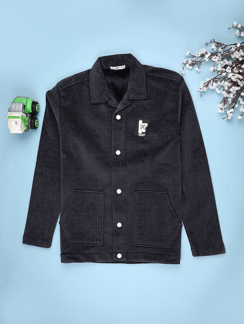 boys self designed collared long sleeve shacket