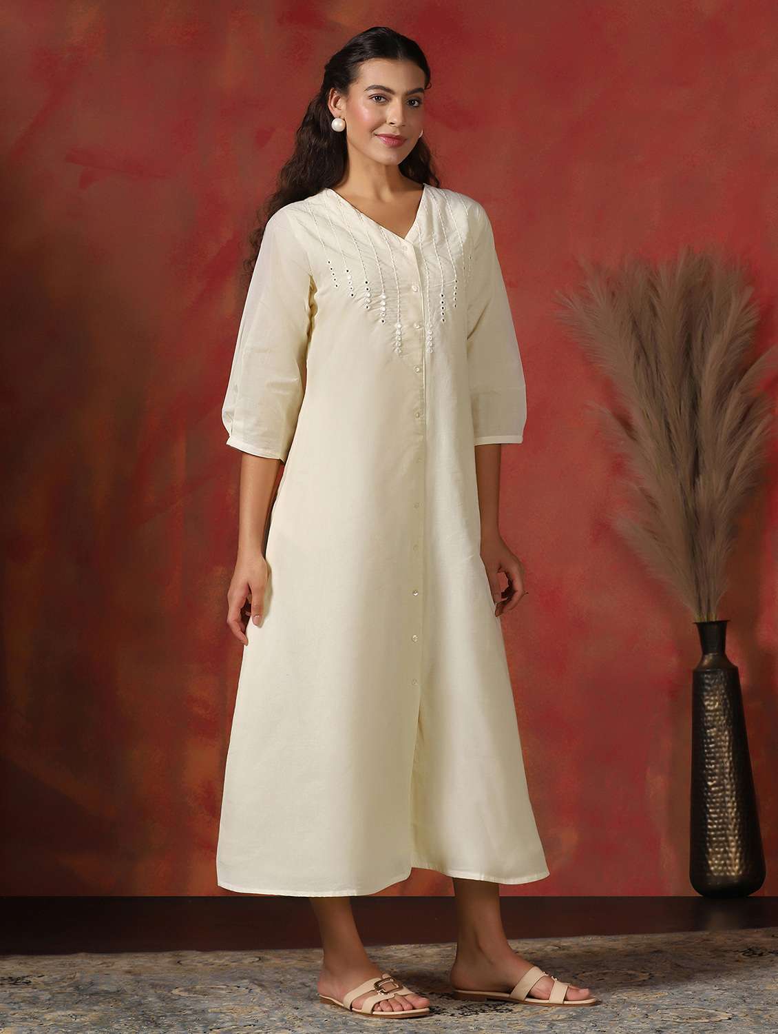 women embroidered three quarter sleeve a-line ethnic dress - 22161020 -  Standard Image - 1