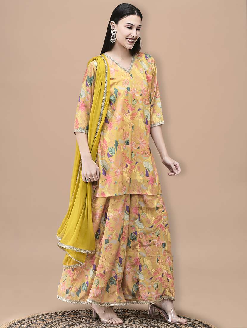 women floral printed three quarter sleeve kurta palazzo with dupatta set - 22161040 -  Standard Image - 1