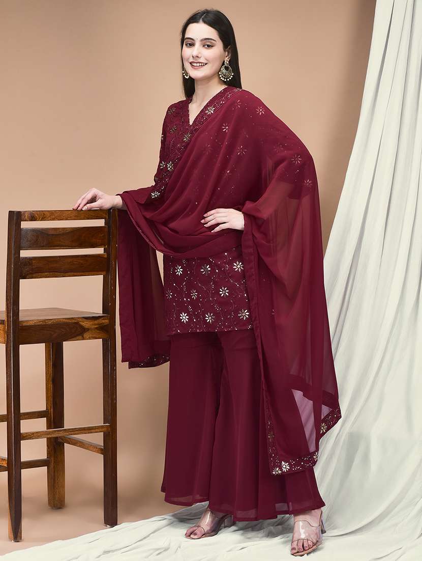 women embroidered three quarter sleeve kurta sharara with dupatta set - 22161046 -  Standard Image - 1
