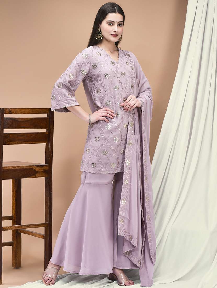 women embroidered three quarter sleeve kurta sharara with dupatta set - 22161047 -  Standard Image - 1
