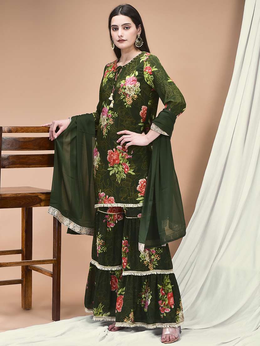 women floral three quarter sleeve kurta sharara with dupatta set - 22161049 -  Standard Image - 1