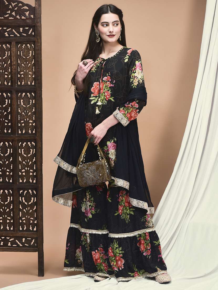 women floral three quarter sleeve kurta sharara with dupatta set - 22161050 -  Standard Image - 1