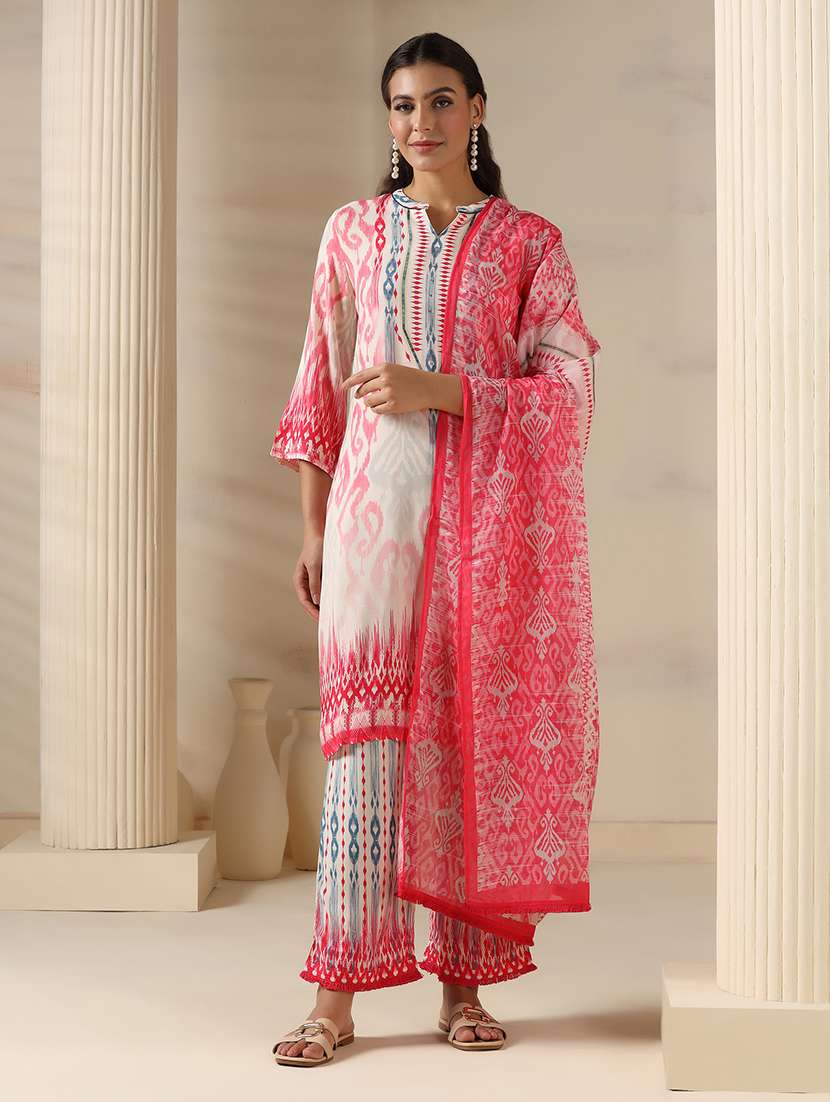 women ikat printed three quarter sleeve kurta pant with dupatta set